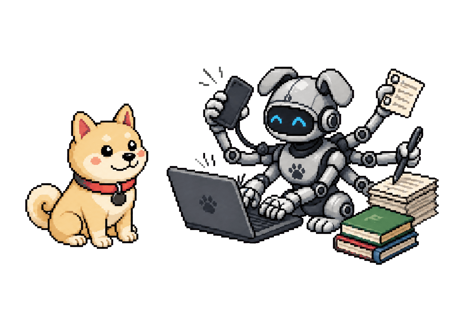 柴犬の隣でロボットがパソコン、スマートフォン、書類を扱うイラスト